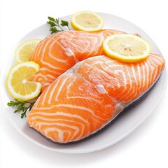 salmon steak fillet with lemon slices clipart, fresh seafood theme, realistic art, isolated on white background