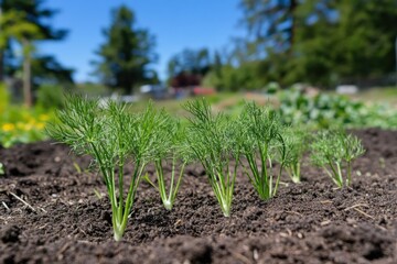 Fresh dill plants growing in a sunny garden bed during early summer months in a lush natural setting