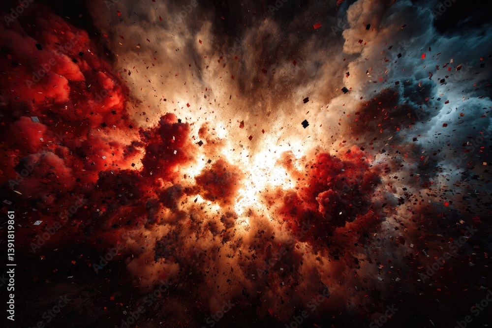 Poster vivid explosion of fiery clouds with scattering particles in motion