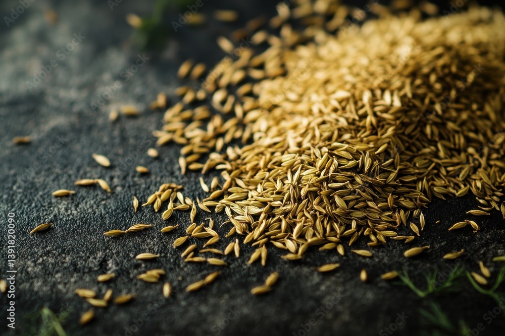 Poster cumin seeds scattered on a dark stone surface showcasing their rich texture and color