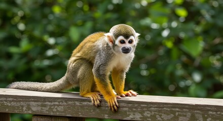 Fototapeta premium A squirrel monkey sits on a wooden railing, gazing directly at the camera, set against a blurred green foliage background.
