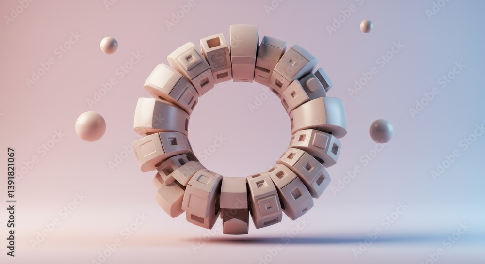Poster abstract 3d render: beige geometric ring structure with floating spheres on pastel background