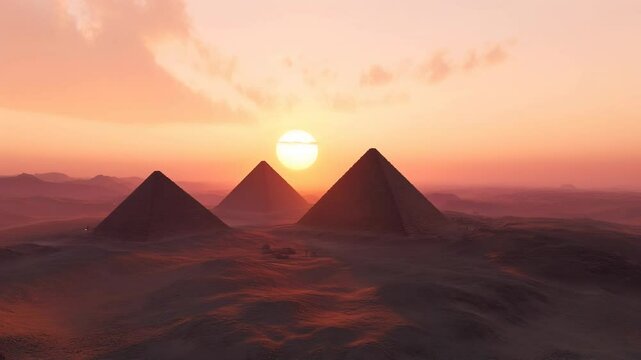 Beautiful sunset behind several pyramids in Egypt 4K
