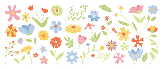 Collection of spring colorful flower elements vector. Set floral of wildflower, leaf branch, foliage on white background. Hand drawn blossom illustration for decor, easter, thanksgiving, clipart.