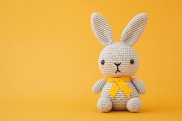 Cute Crocheted Bunny Toy with Yellow Bow on Yellow Background
