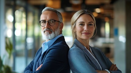 confident business partners with age difference standing back to back in modern office representing teamwork leadership and professional success