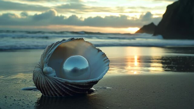 pearl in a shell on the beach