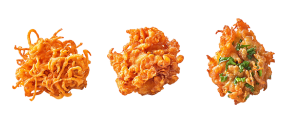 Pack of Crispy Onion Pakoras set of Five Different Poses set Against Transparent Background for Food Packaging, Restaurant Menus, or Culinary Promotions