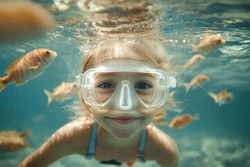 Fototapeta premium A happy girl smiles while snorkeling underwater surrounded by tropical fish. Perfect for travel brochures or summer vacation themes.