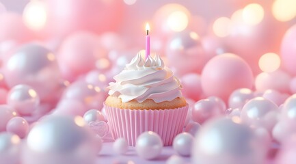 Cupcake with candle surrounded by pink balloons and white pearls festive scene.