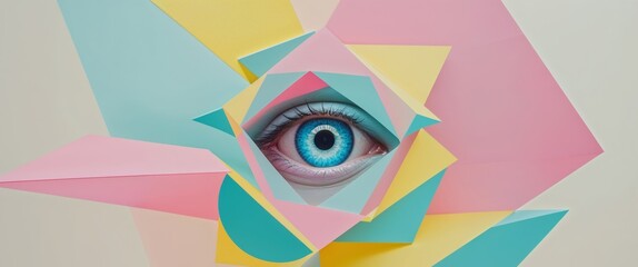 Blue eye gazing out from colorful geometric shapes.