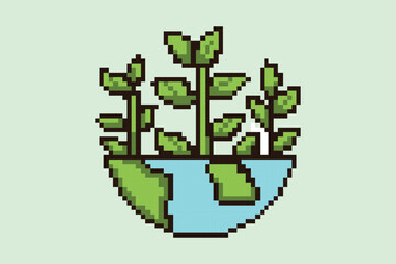 Plants on Earth Pixel Art Earth Day Awareness Concept Illustration