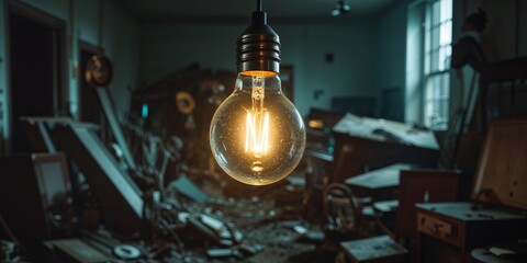 A light bulb is lit up in a dark room with a lot of debris