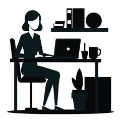 Black silhouette design showing a female figure at a laptop, with interior elements around the room