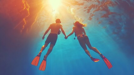 Obraz premium A romantic couple snorkeling underwater, holding hands, sunlight shining above them. Perfect for travel, romance, and adventure themes.