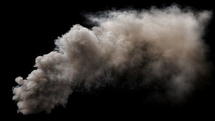 Dense and Large Plume of billowing Smoke with varying shades of gray and white spreading outwards on a Black Background