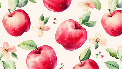 Fresh red apples with green leaves and blossoms