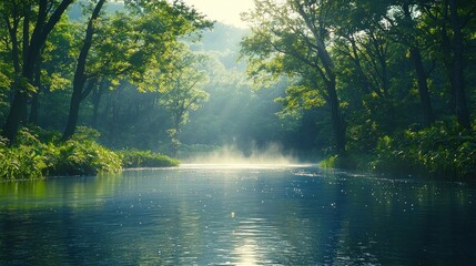 Fototapeta premium Misty river in a lush forest