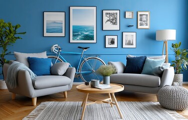 A blue living room wall with art frames, a grey sofa, and a bicycle in the background. The interior design features modern home decor.