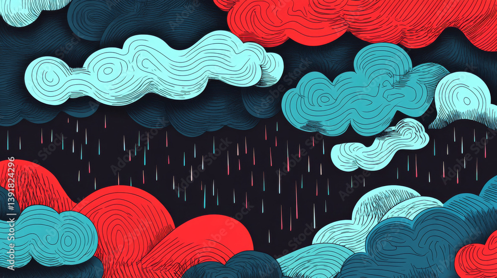 Poster stylized clouds and rain in vibrant colors create dynamic scene