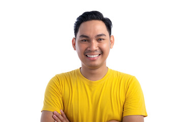 Portrait of handsome Asian man posing with crossed arms and smiling at camera isolated on...