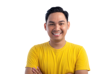 Portrait of handsome Asian man posing with crossed arms and smiling at camera isolated on transparent background