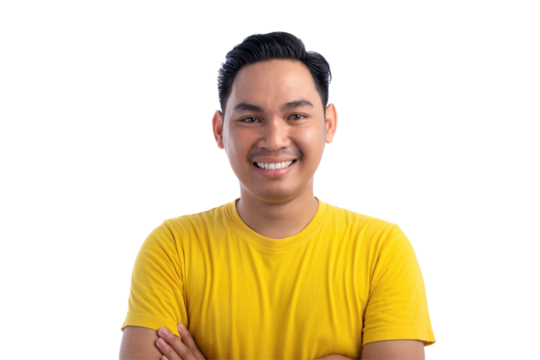 Portrait of handsome Asian man posing with crossed arms and smiling at camera isolated on transparent background