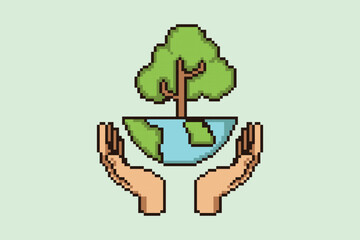 Hands Holding Earth and Tree Pixel Art Earth Day Awareness Concept Illustration