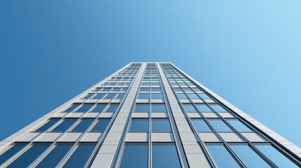 Fototapeta premium A towering 3D office building against a clear blue sky, dynamic low-angle shot, balanced layout with text space at the top, clean commercial design