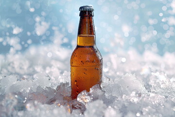 Chilled amber beer bottle on ice, creating a refreshing look with condensation against a bright background.