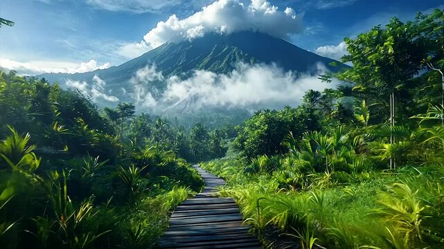 Lush jungle path leading to a majestic, cloud-shrouded volcano