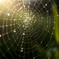 Obraz premium A delicate spider web covered in dew drops glistens in soft morning or evening light. The intricate details and bokeh background create a mystical atmosphere.