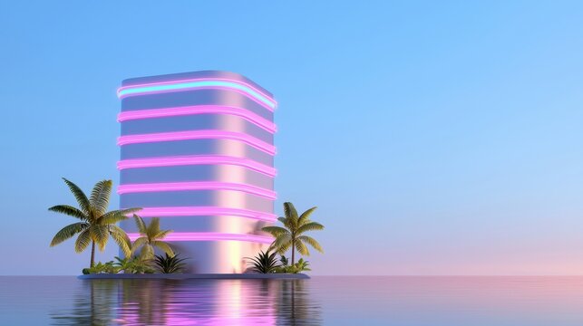 A futuristic 3D office building with neon accents, evening glow, symmetrical composition with copy space on both sides, bold advertising appeal