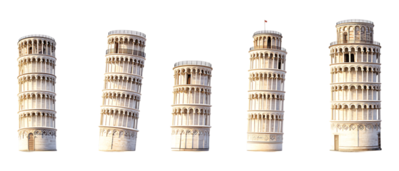 Pack of Leaning Tower set of Five Different Poses set Against Transparent Background for Travel, Architecture, or Landmark Promotion Projects