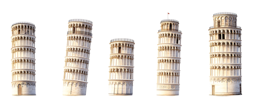Pack of Leaning Tower set of Five Different Poses set Against Transparent Background for Travel, Architecture, or Landmark Promotion Projects