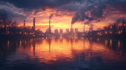 Fototapeta premium Industrial sunset over a calm river
