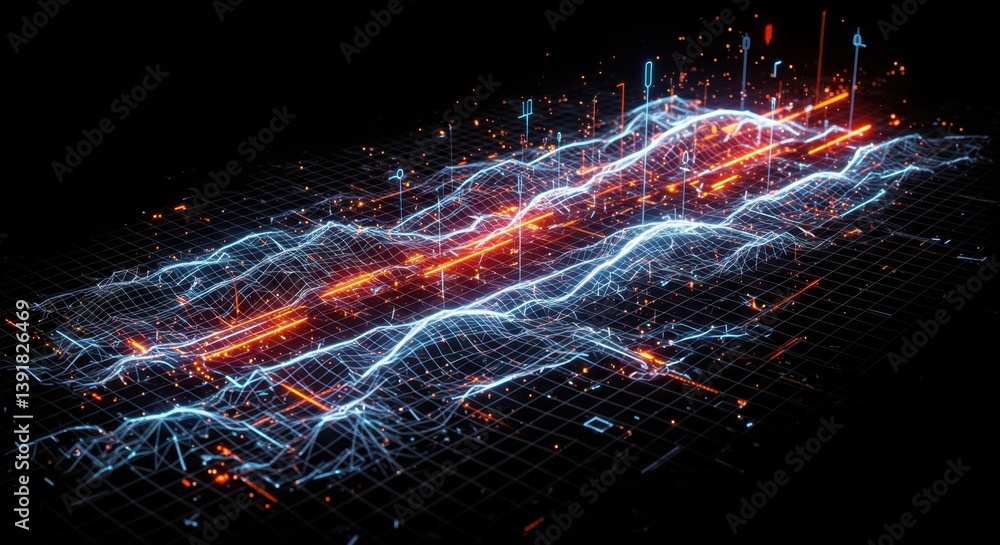 Poster abstract digital landscape: glowing network data visualization