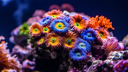 Obraz premium Closeup of a stunning coral reef aquarium showcasing vibrant orange, blue, and pink anemones. The image evokes a feeling of underwater wonder. Perfect for aquarium, nature, or marine life projects.
