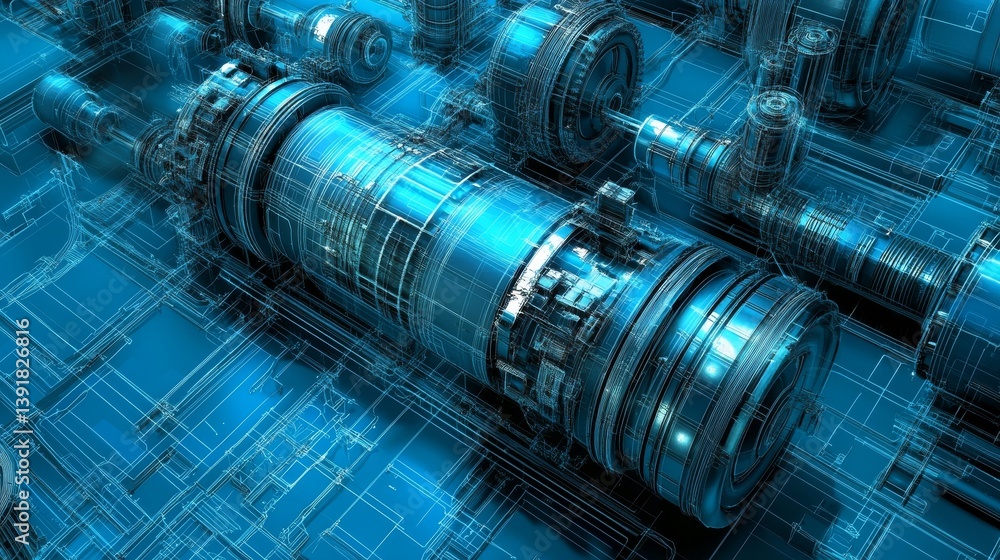 Poster futuristic industrial design digital rendering of an abstract architectural blueprint concept