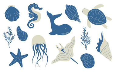Sea Life Vector Set with Whale, Seahorse, Jellyfish, Turtle, Starfish, Shells, Coral and Sea Plants Flat Style Marine Creatures Illustration, EPS10, Isolated on White Background