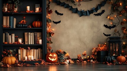 Halloween-themed home library decorated with pumpkins, candles and bats