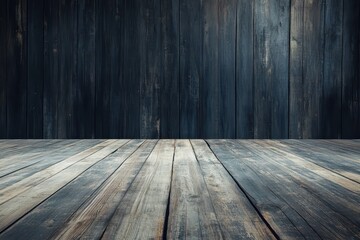 Fototapeta premium Wooden tabletop against dark wood wall