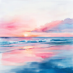 serene watercolor sunset on beach with vibrant colors