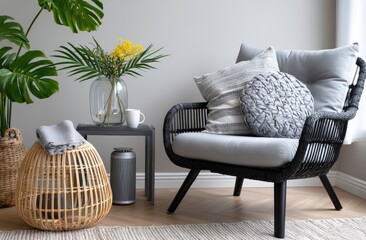 Modern home interior with a black metal side table and chair near a white wall, with a plant in a vase on it.