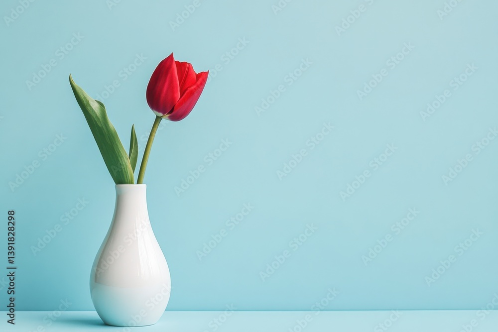 Poster red tulip in a simple white vase against a soft blue background creates a serene and elegant atmosph