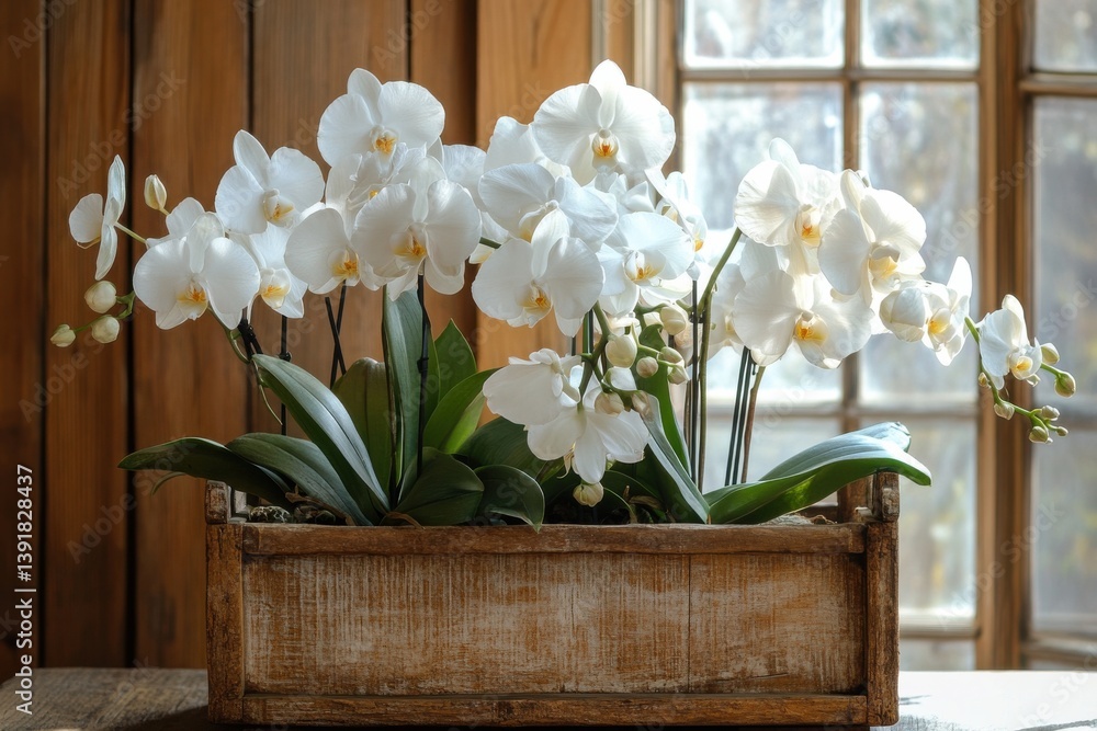 Poster blooming orchids arranged in a rustic wooden planter by a sunlit window showcasing natural elegance