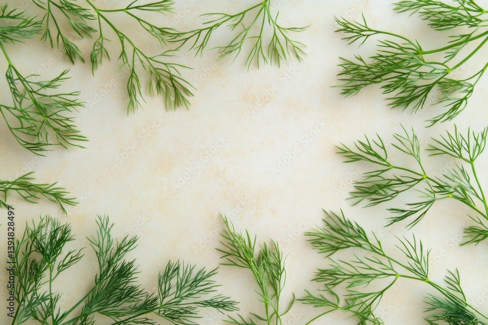 Poster fresh dill sprigs arranged on a light countertop in a kitchen setting, perfect for culinary use and 