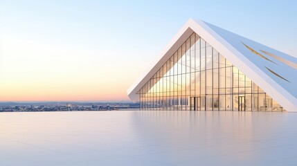 Fototapeta premium A 3D office building with angular design, soft dusk glow, balanced with text space on the right, vibrant commercial backdrop