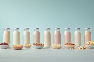 A table with a variety of foods and drinks, including milk, oatmeal, nuts