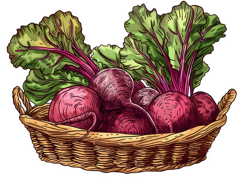 beets in basket, green leaves, vintage style clip art preview